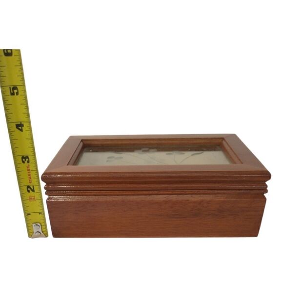 Vintage Jewelry Box Etched Glass Top Wood Tab Velvet Lined 80s 90s Hinge Dresser - Picture 5 of 16